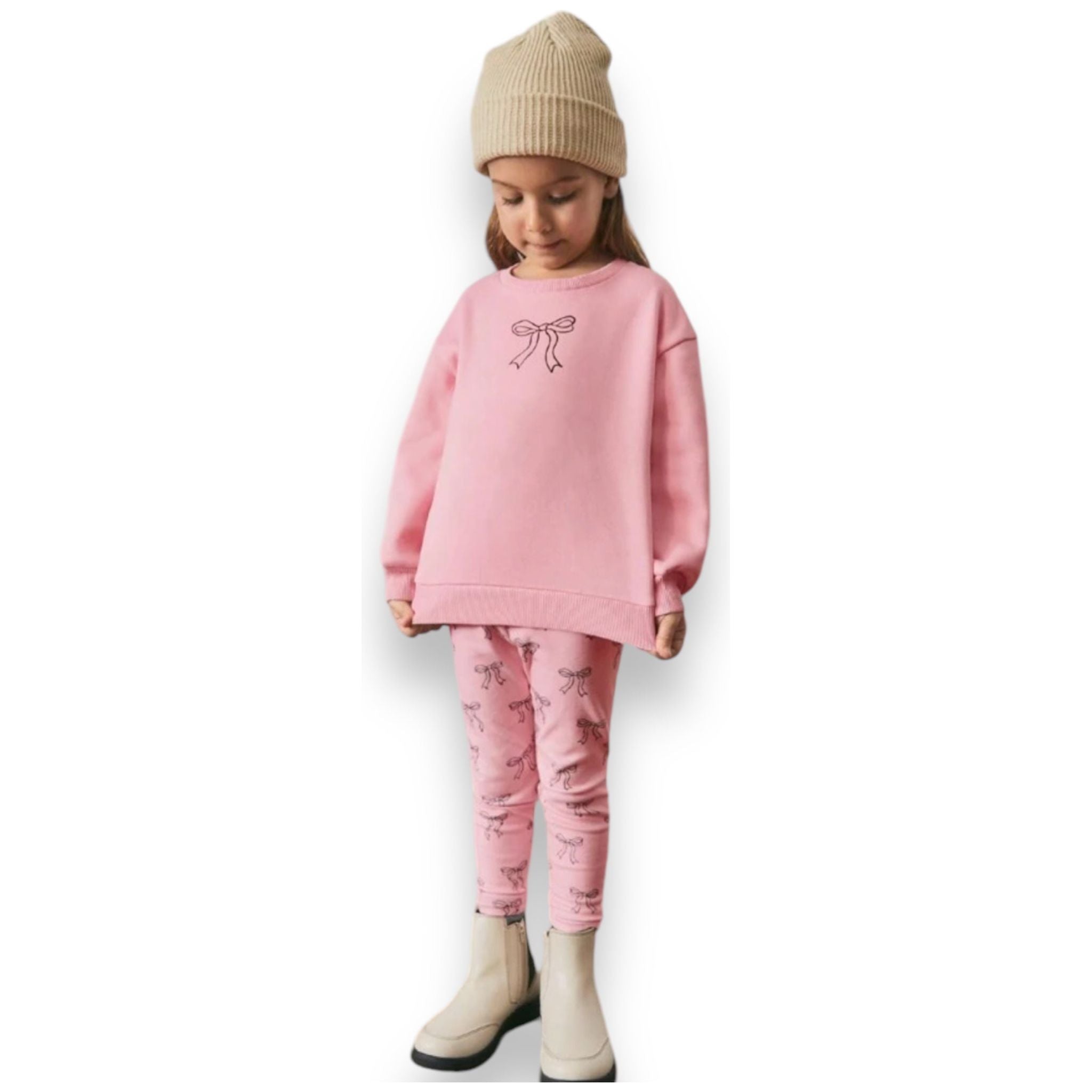 Casual Bow Print Sweatshirt & Pant Set