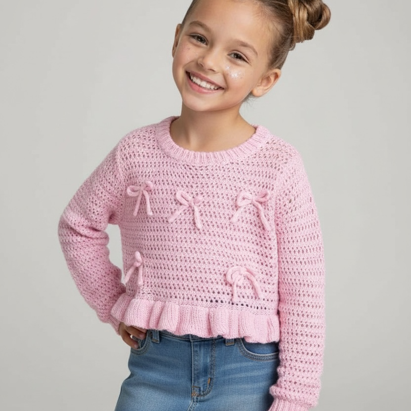 Girls Pink Open-Knit Bow Sweater