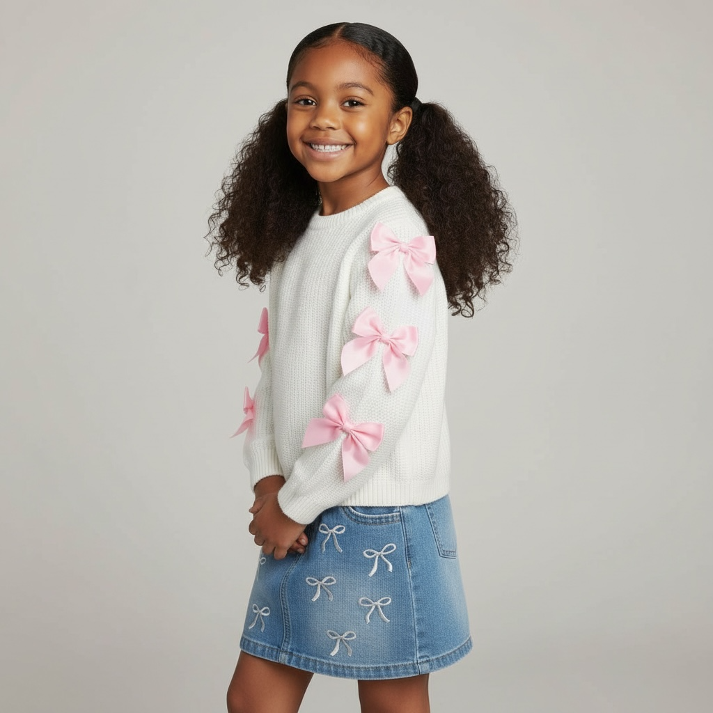 Girls Embroidered Bow Denim Skirt