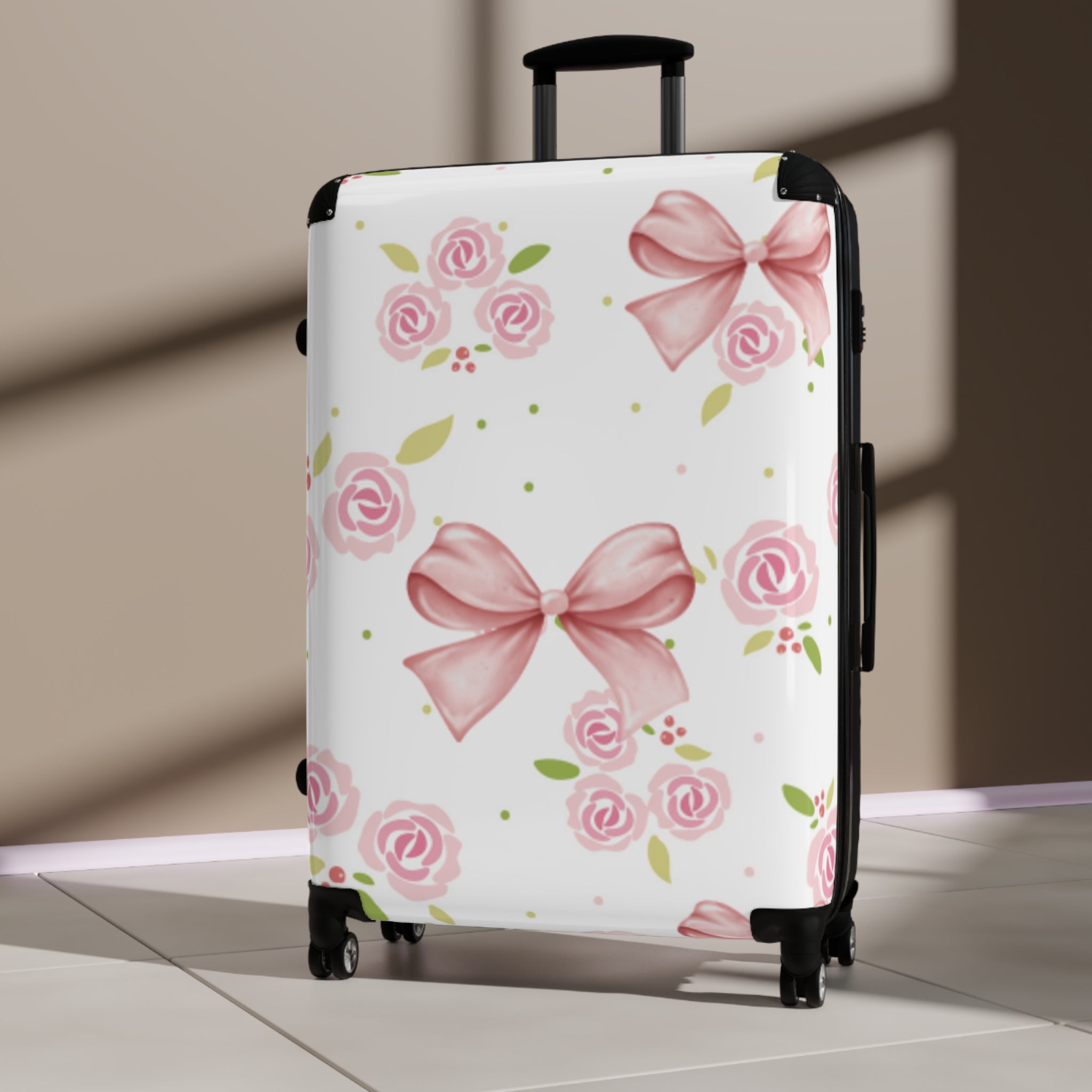 Floral Pink Bow Suitcase — Rose Pattern Carry-On Luggage