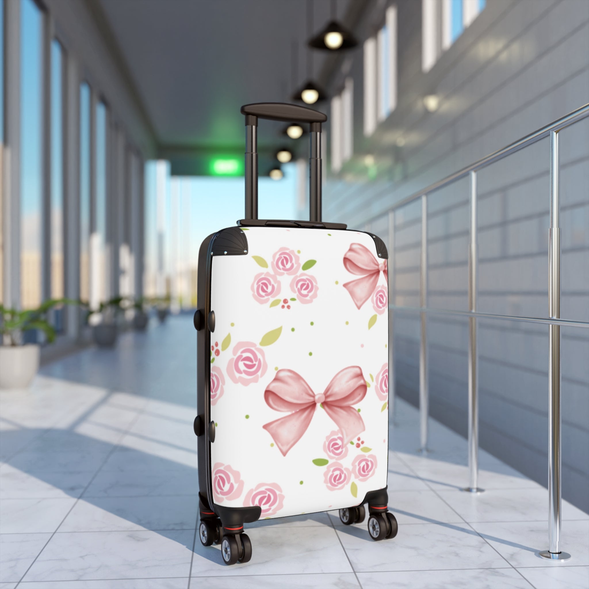 Floral Pink Bow Suitcase — Rose Pattern Carry-On Luggage