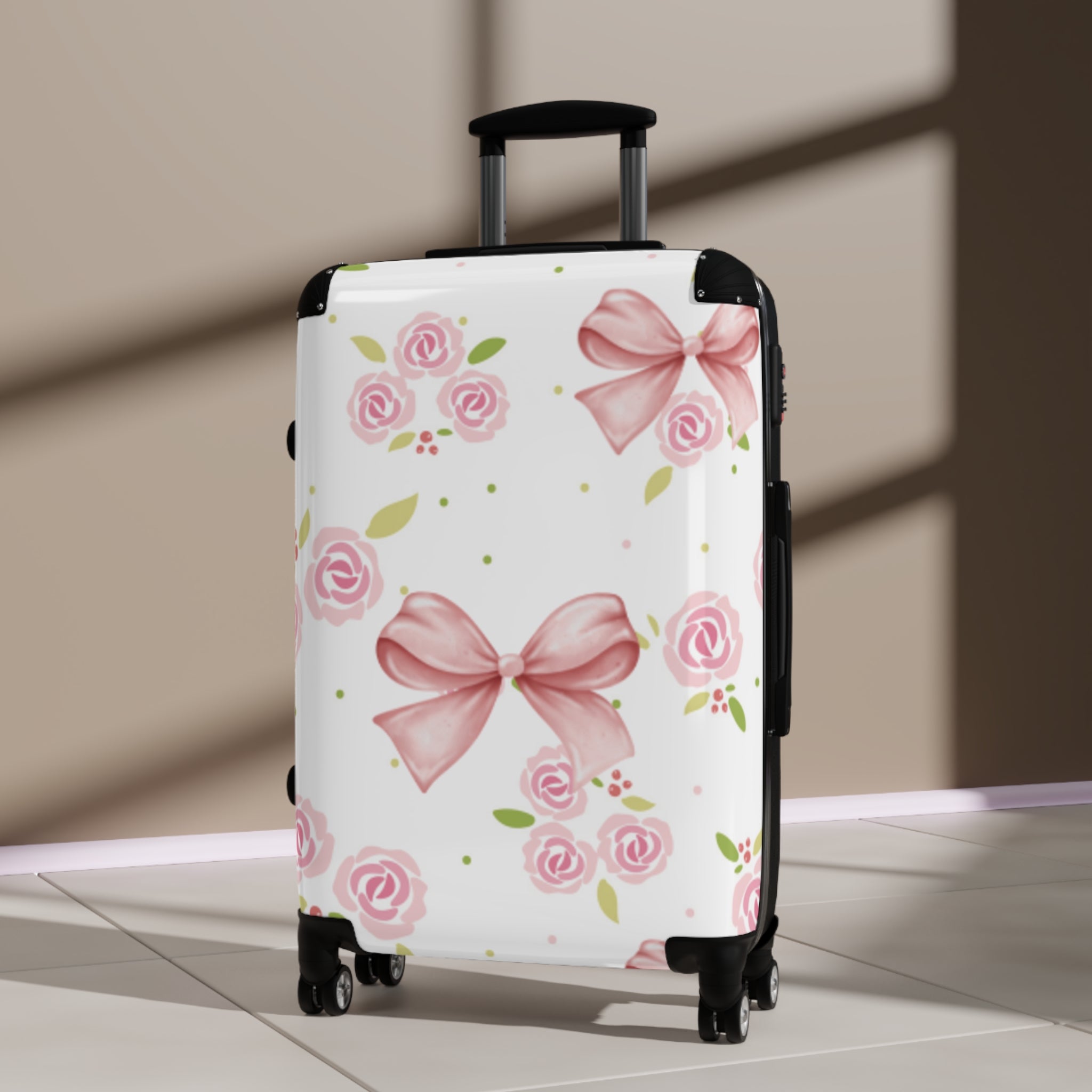 Floral Pink Bow Suitcase — Rose Pattern Carry-On Luggage
