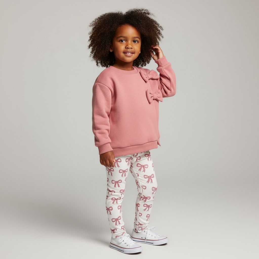 Girls Pink Bow Sweatshirt and Leggings Set
