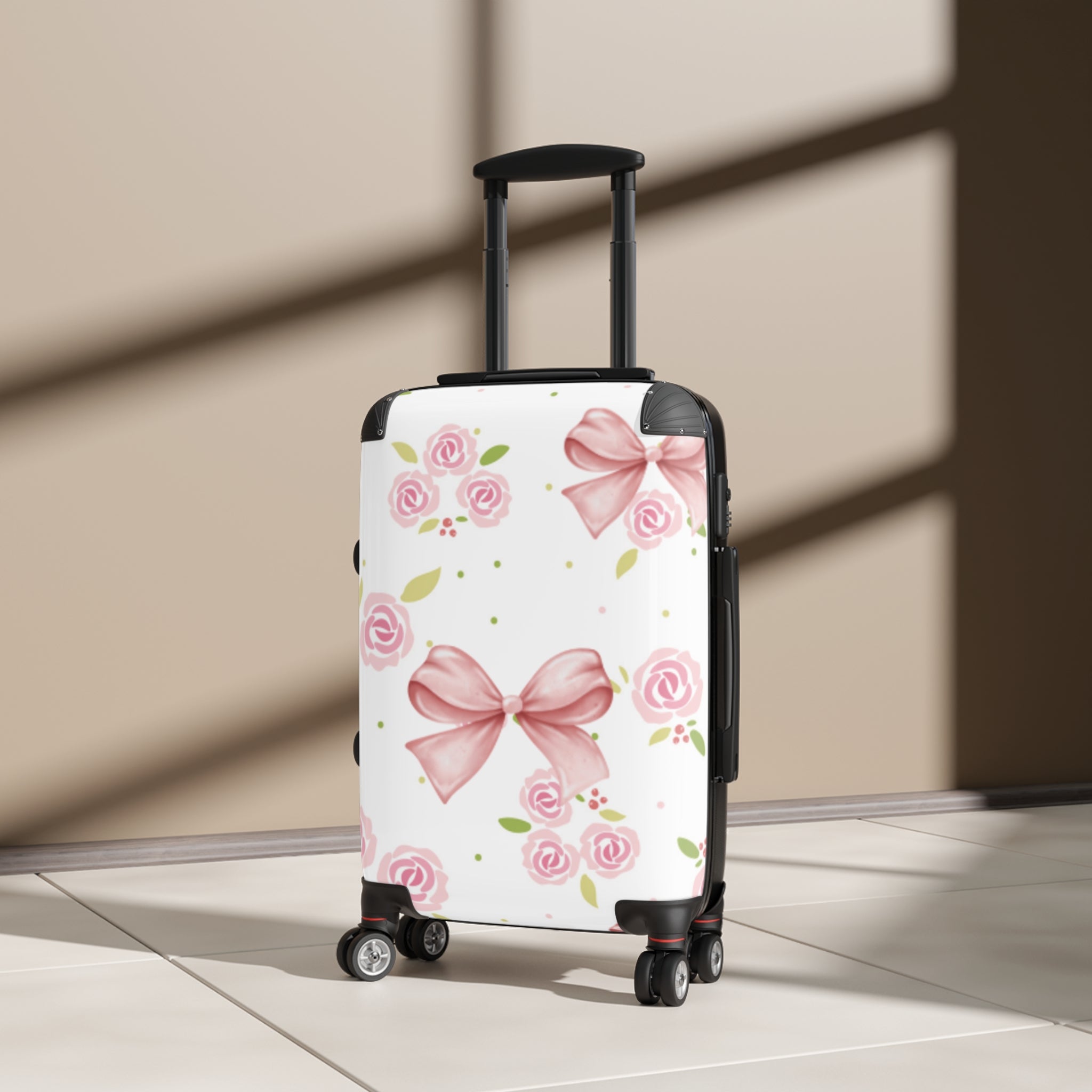 Floral Pink Bow Suitcase — Rose Pattern Carry-On Luggage