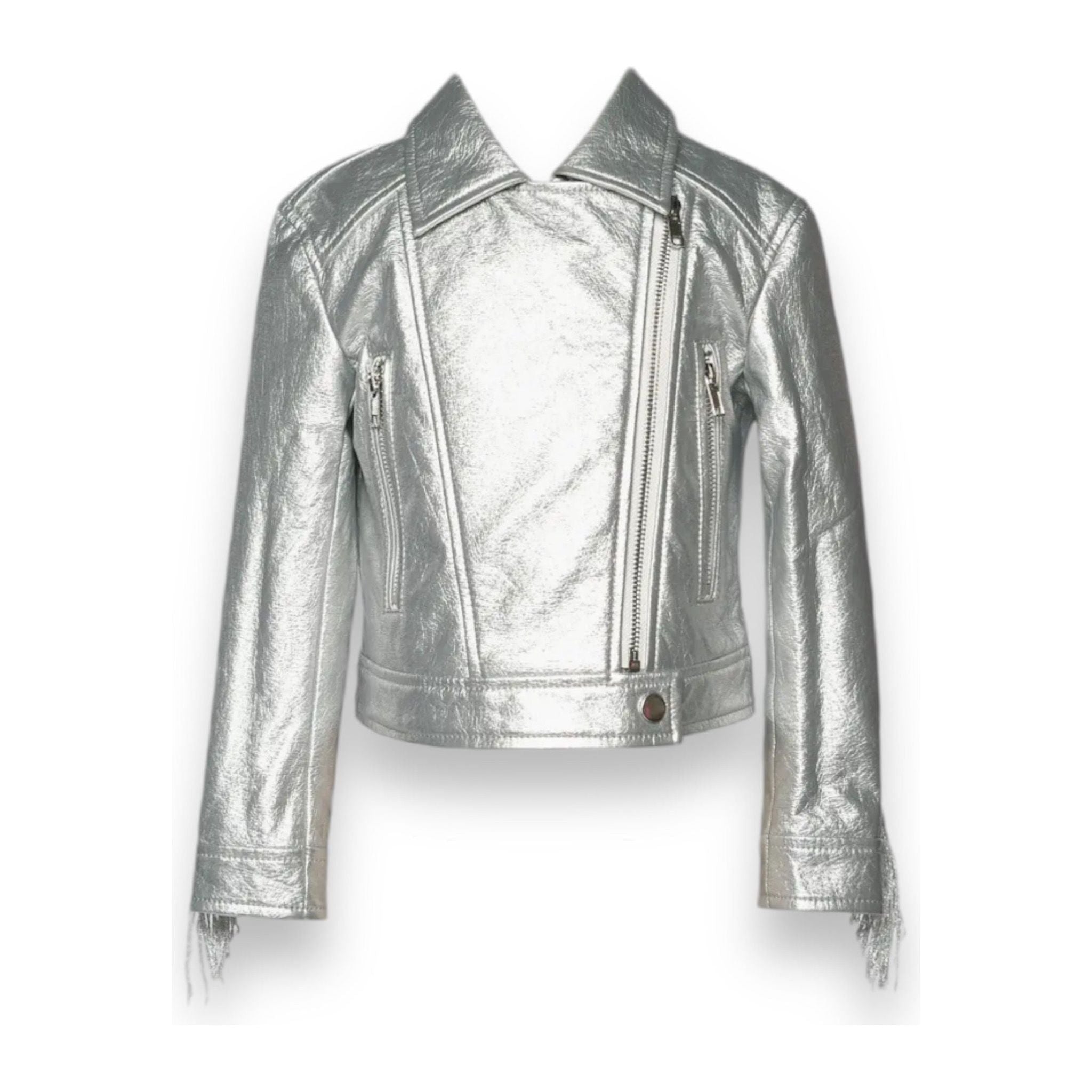 Faux Leather Metallic Moto Jacket with Fringes