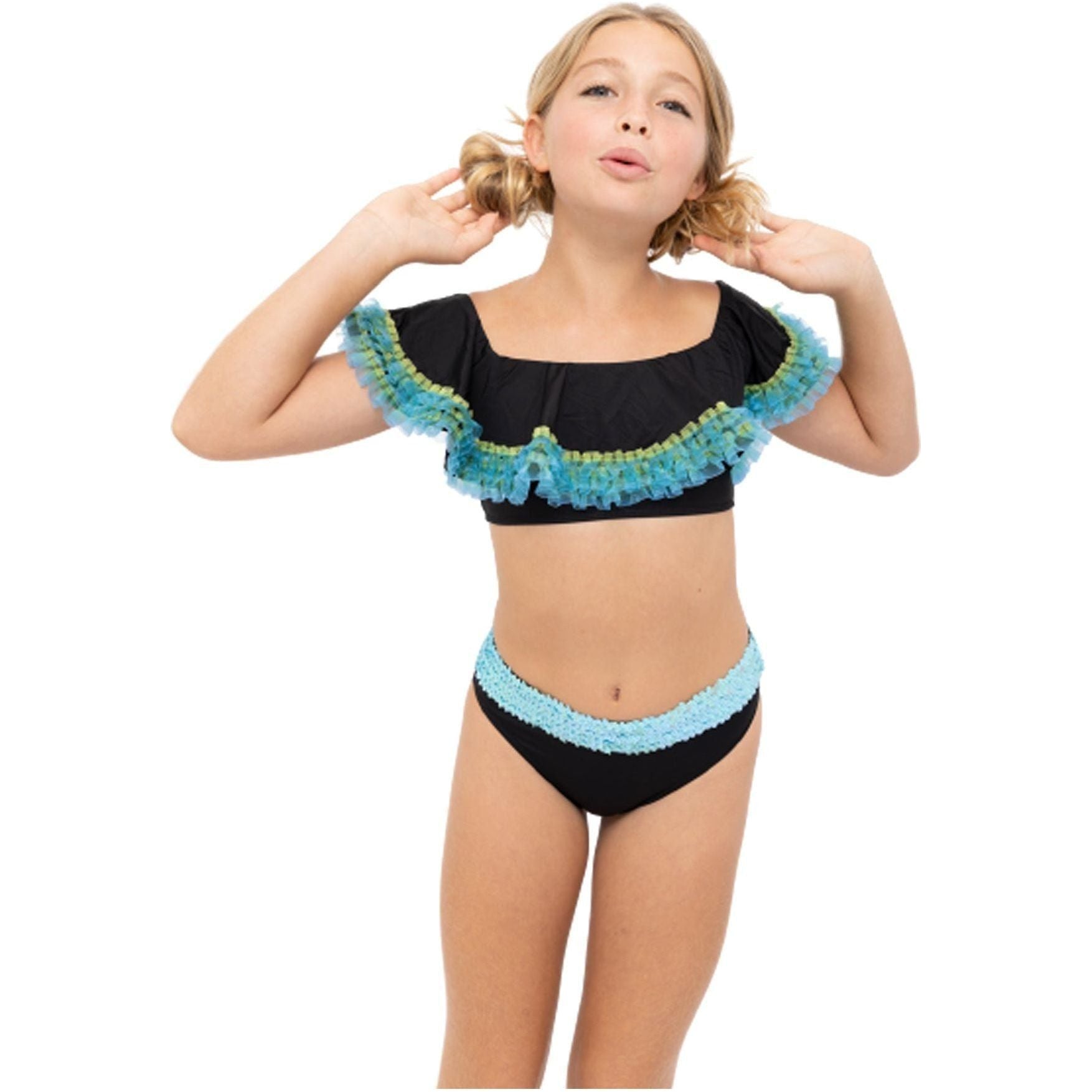 Black Bikini Anemone Fringe & Aqua Sequin Belt