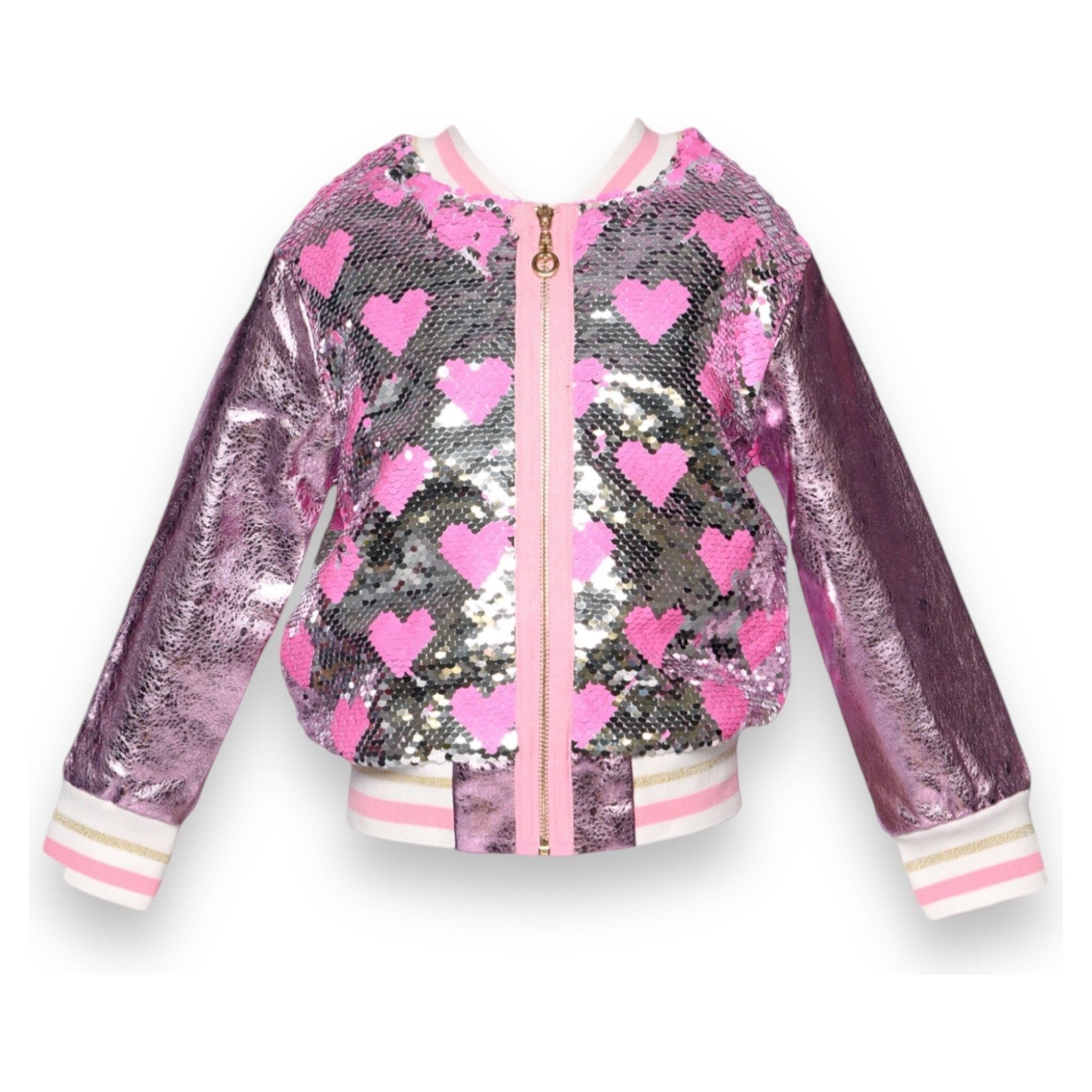 HEART SEQUIN BOMBER JACKET W/ METALLIC FAUX LEATHER