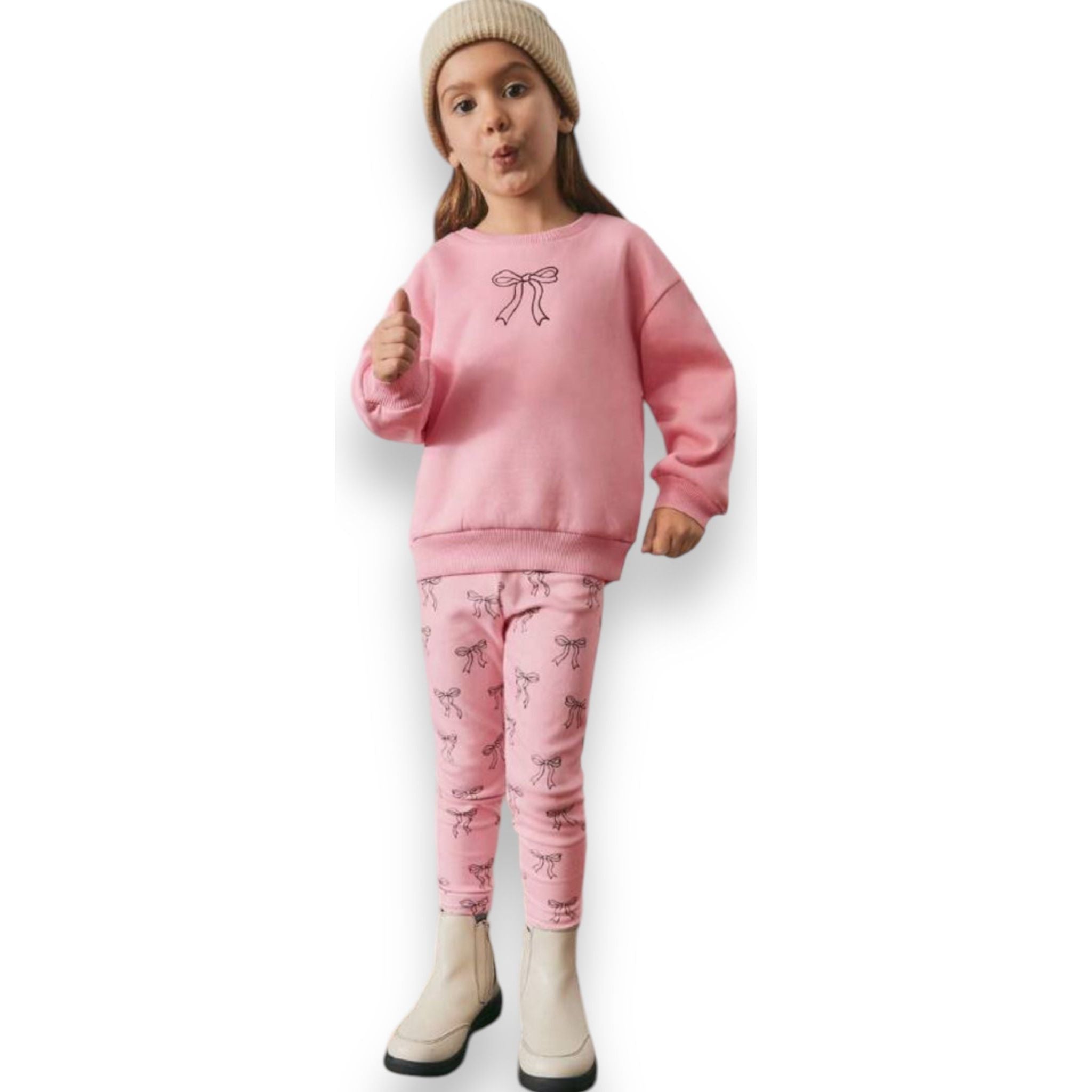 Casual Bow Print Sweatshirt & Pant Set