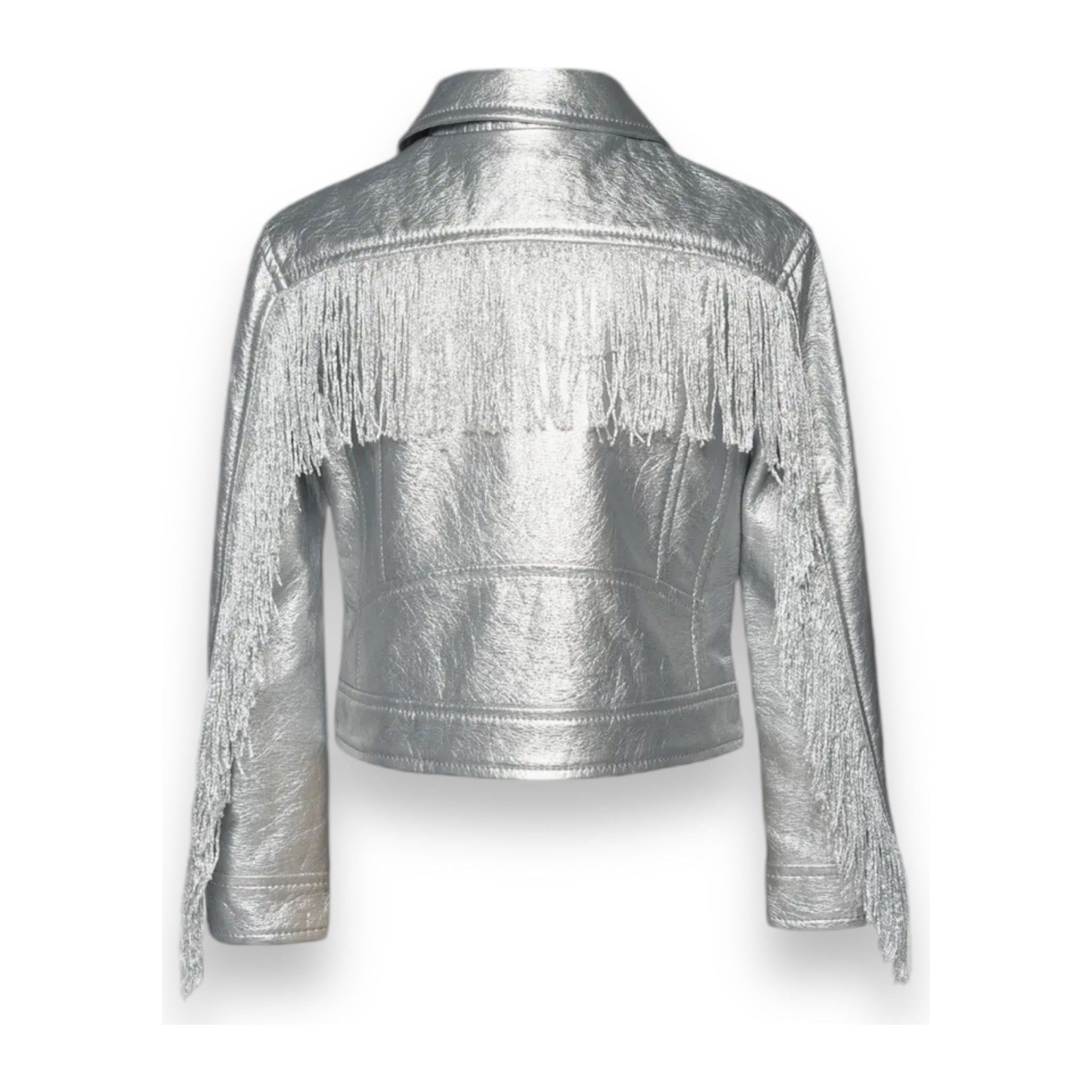 Faux Leather Metallic Moto Jacket with Fringes