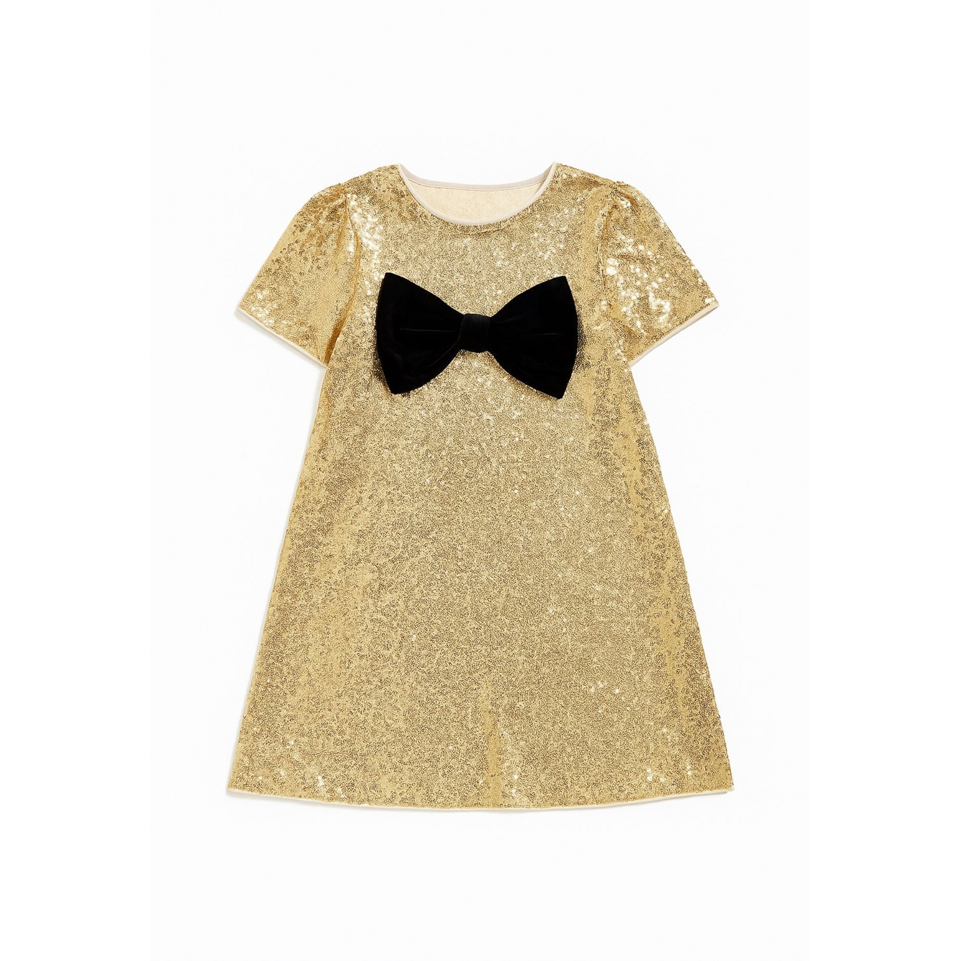 Girls Gold Sequin Party Dress with Black Bow