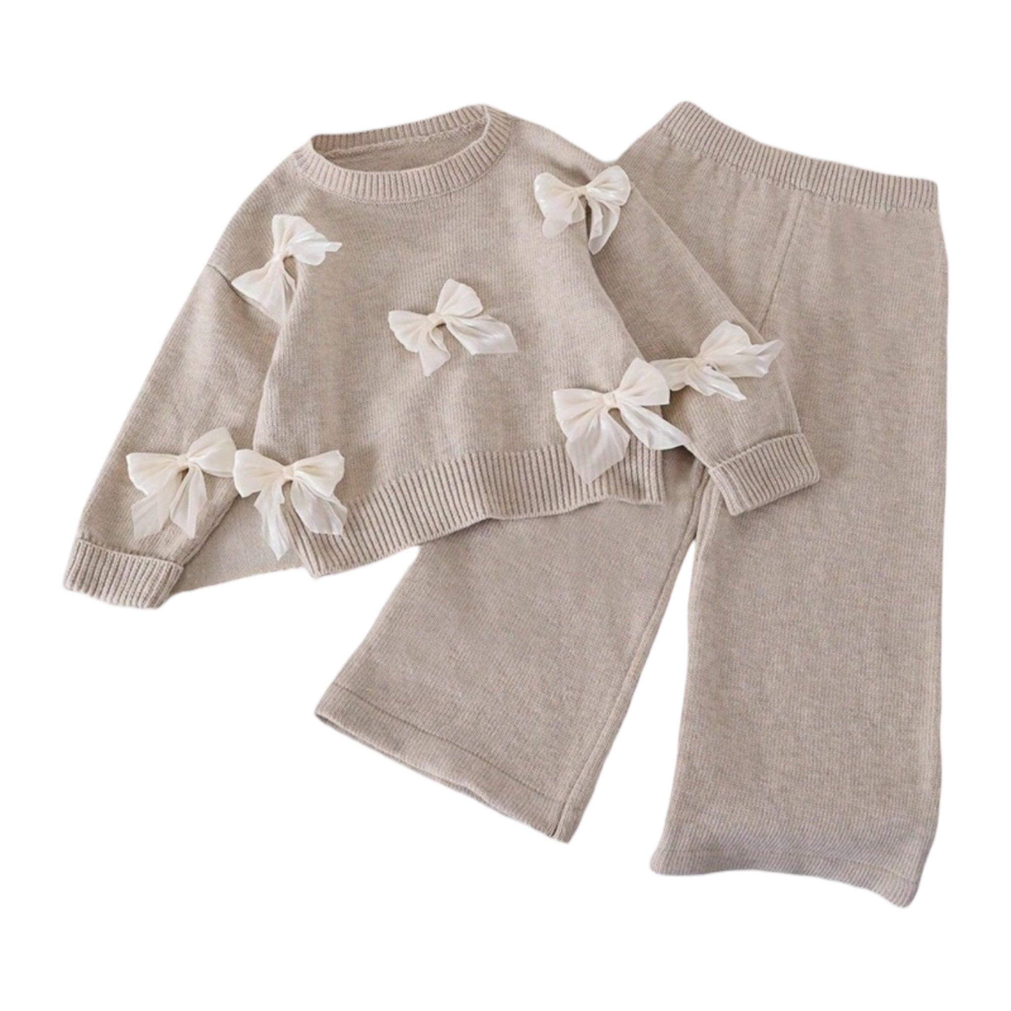 Beige Bow Knit Two Piece Set for Babies and Toddlers