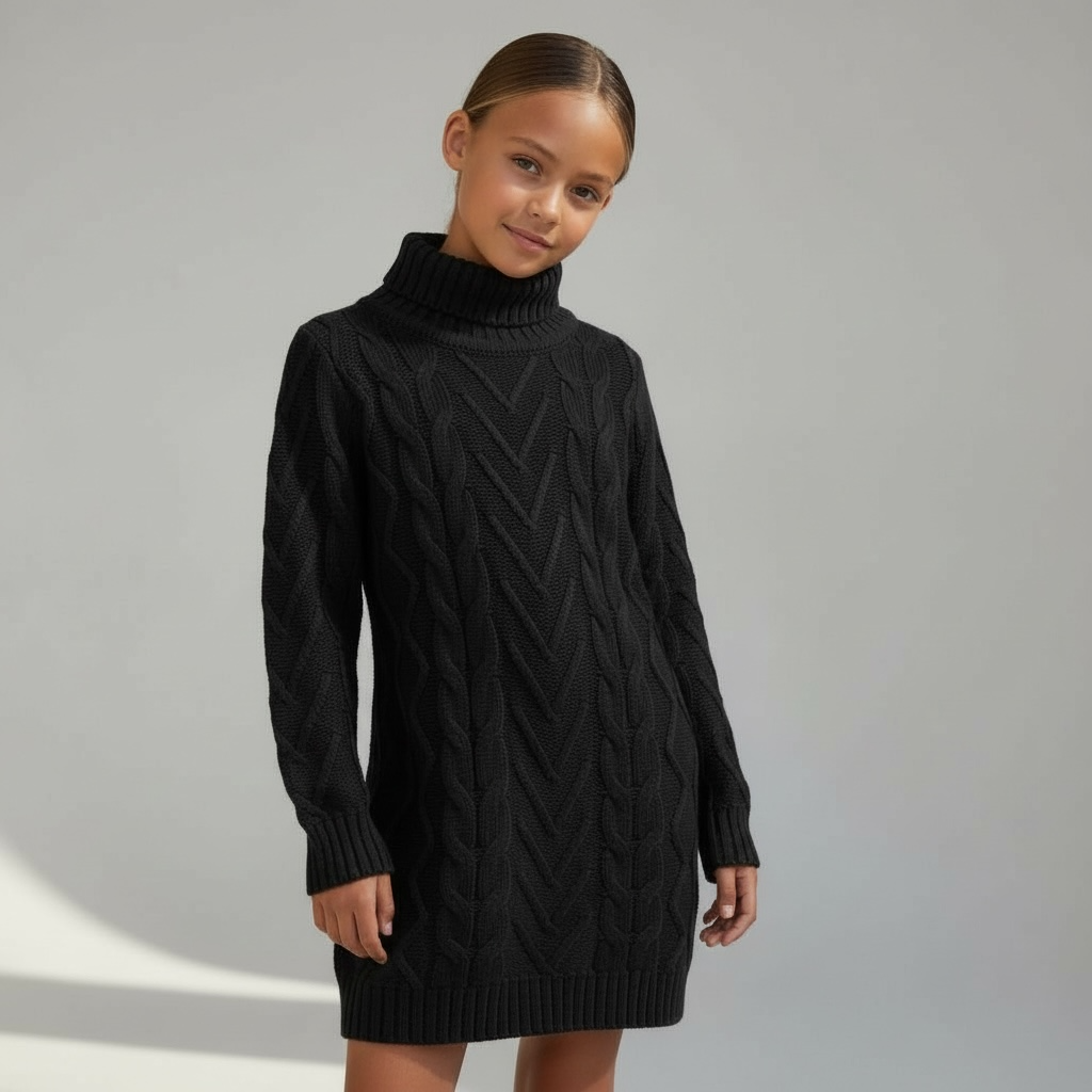 Black Cable Knit Turtleneck Sweater Dress for Girls