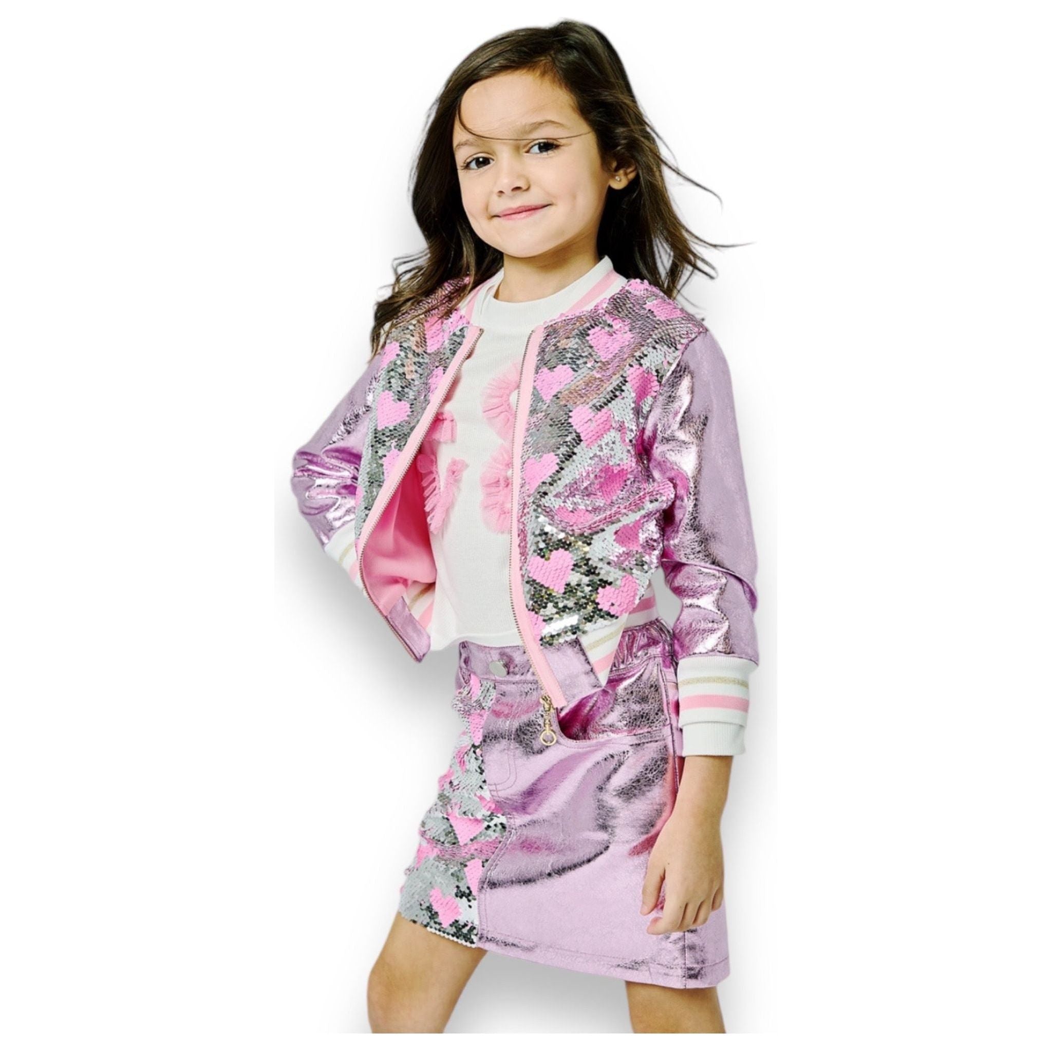 HEART SEQUIN BOMBER JACKET W/ METALLIC FAUX LEATHER