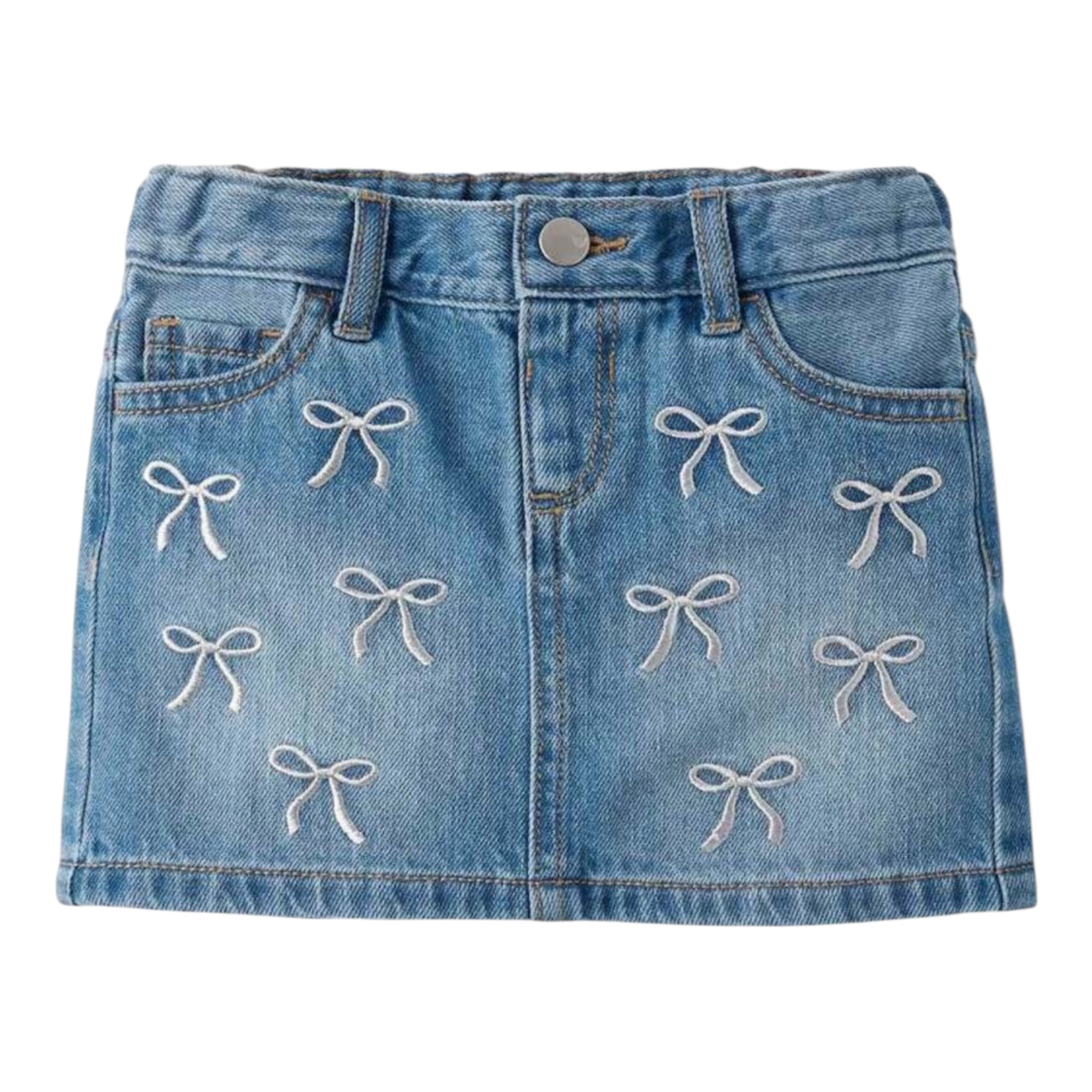 Girls Embroidered Bow Denim Skirt