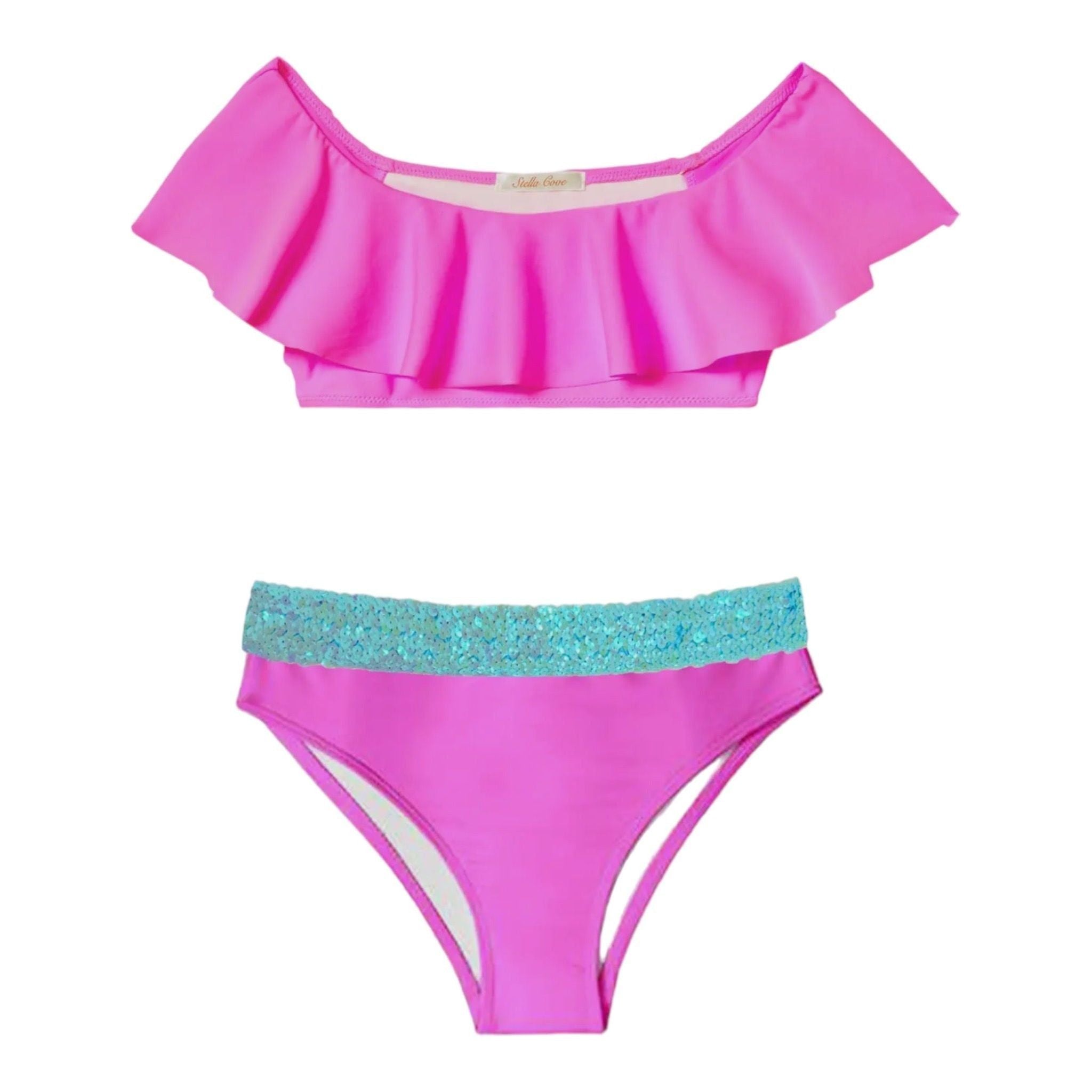Neon Pink Ruffle Bikini with Aqua
Sequin Belt