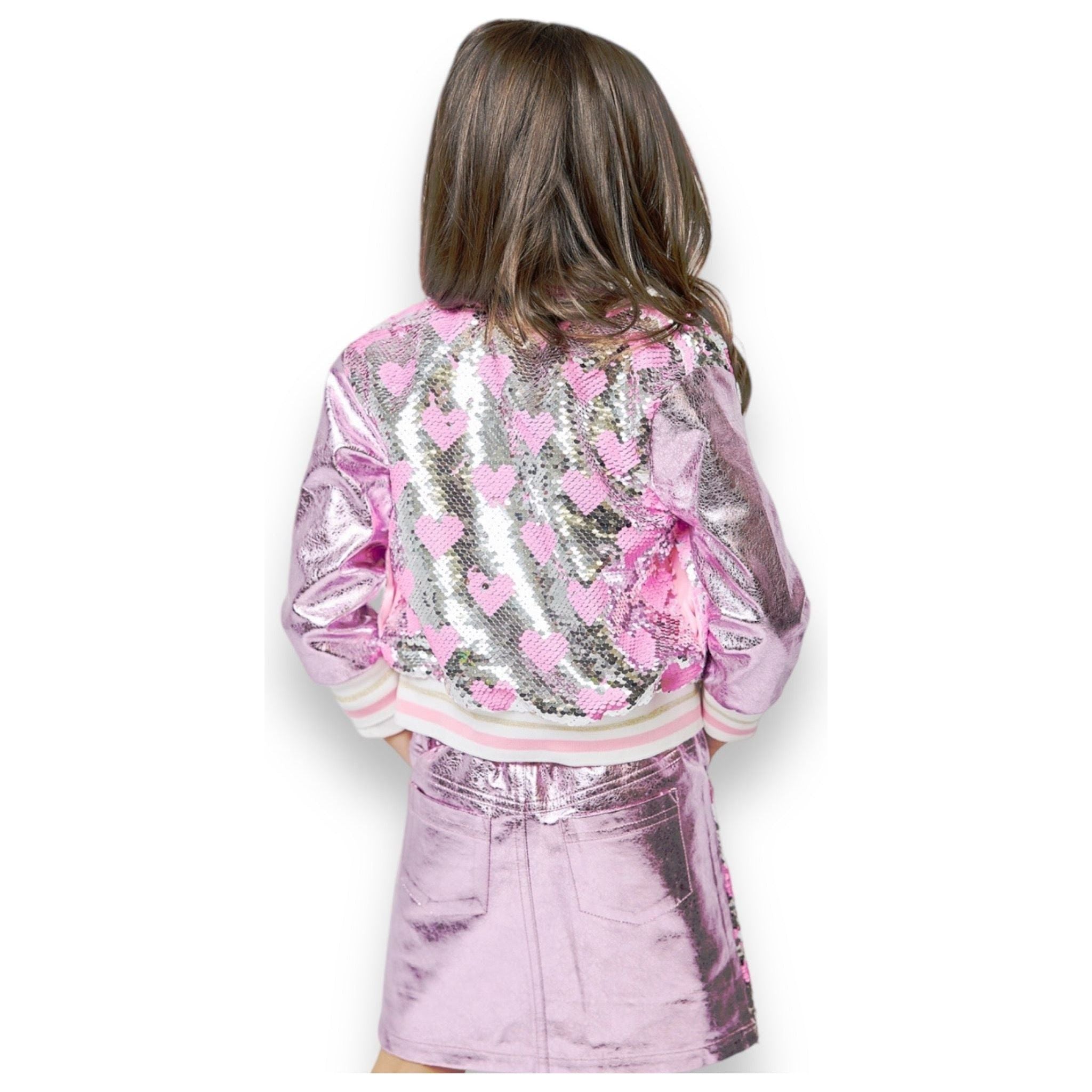 HEART SEQUIN BOMBER JACKET W/ METALLIC FAUX LEATHER