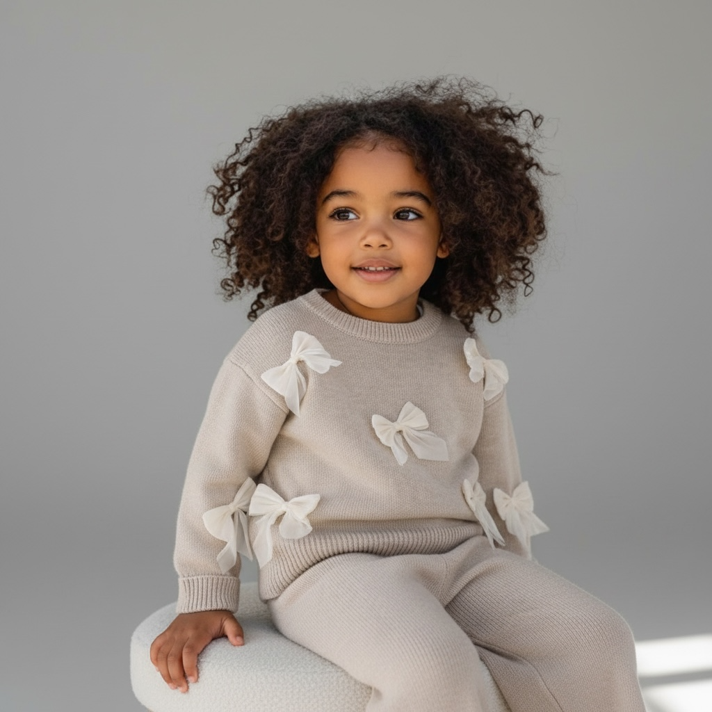 Beige Bow Knit Two Piece Set for Babies and Toddlers