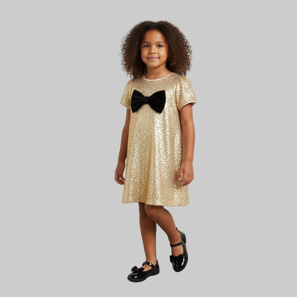 Girls Gold Sequin Party Dress with Black Bow