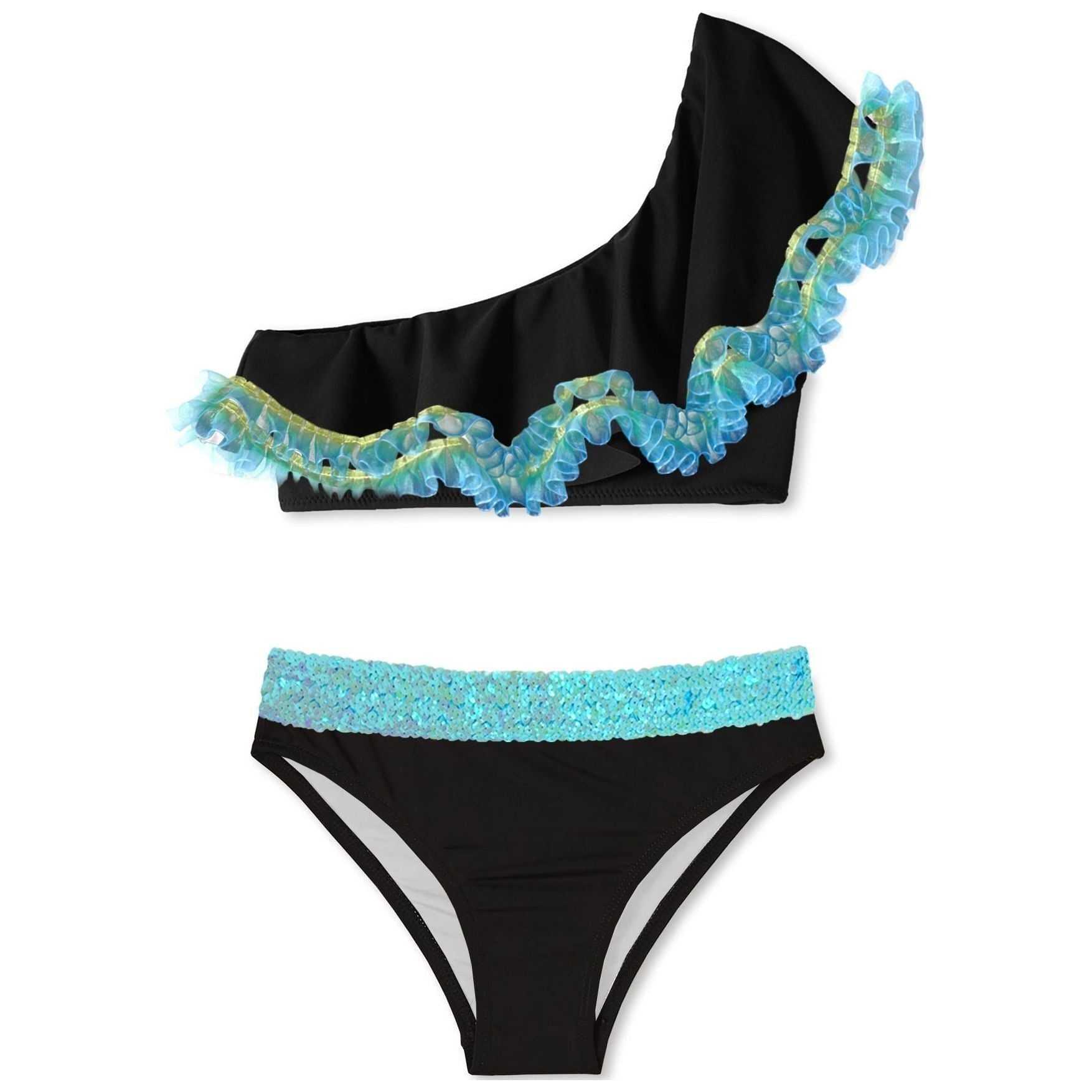 Black Anemone Fringe One Shoulder Bikini with Aqua Sequin Belt