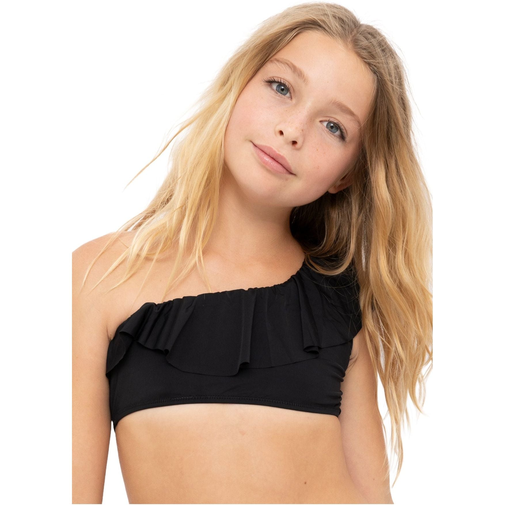 Black One Shoulder Bikini with Aqua Sequin Belt
