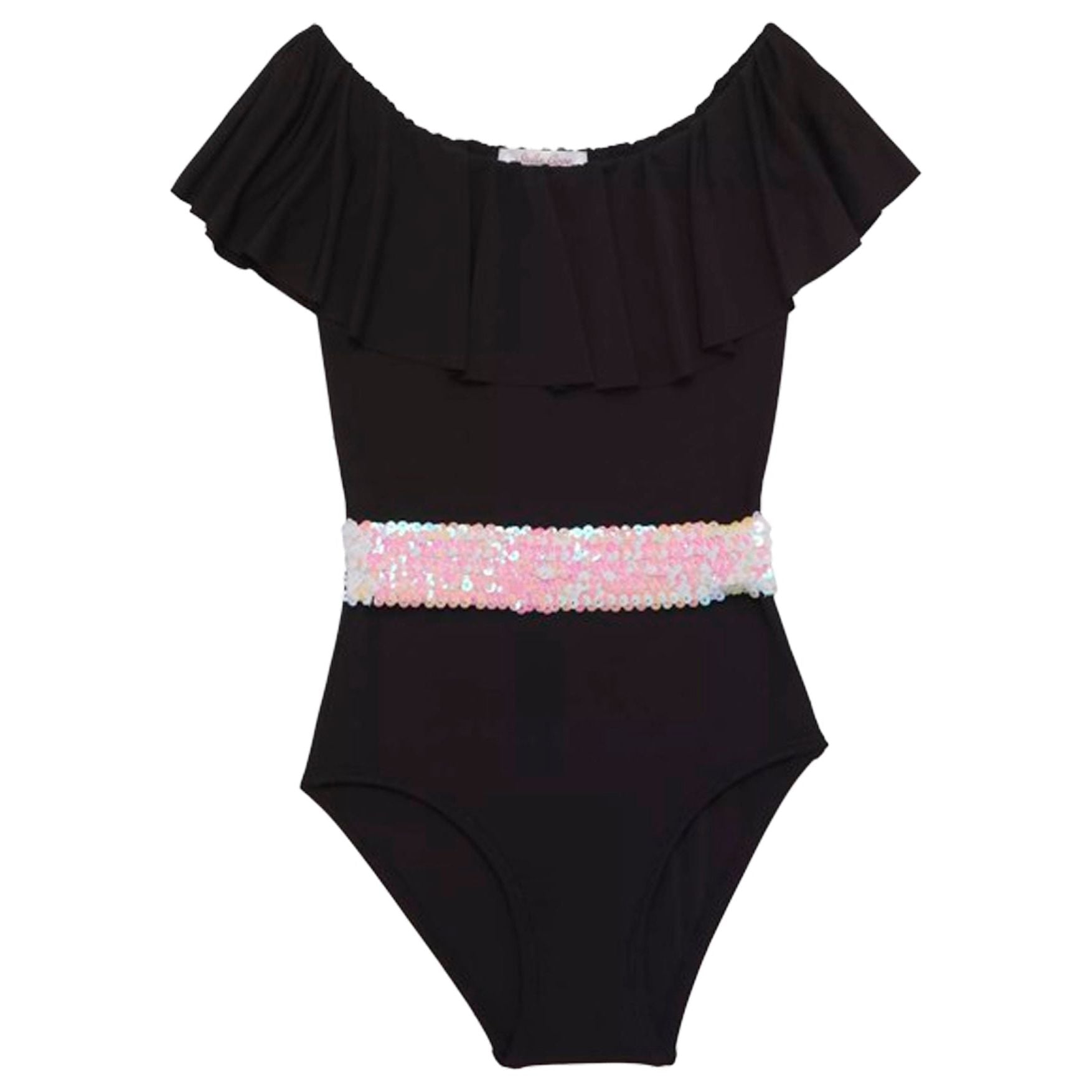 Black Ruffle Swimsuit with Sequin Belt