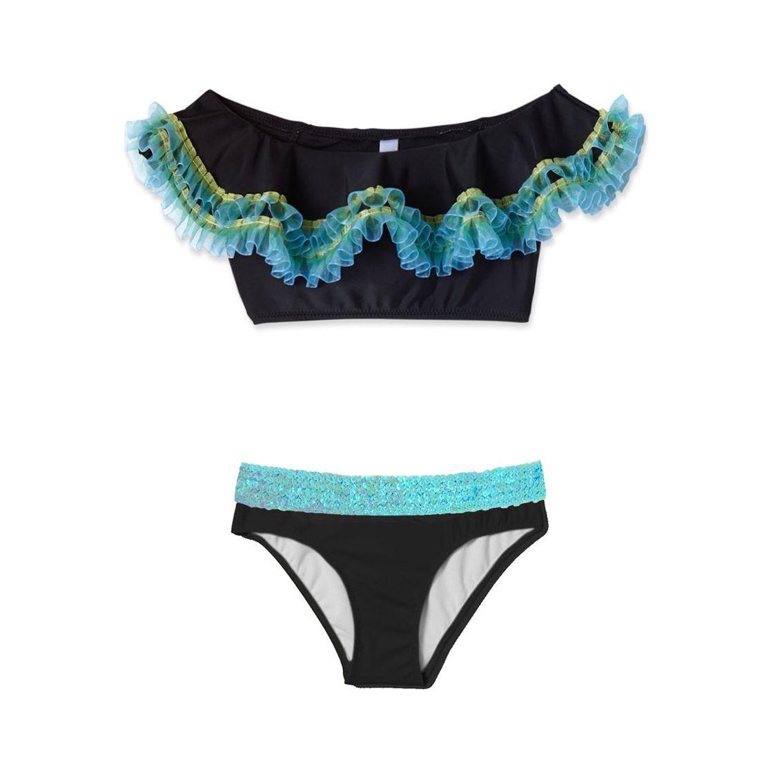 Black Bikini Anemone Fringe & Aqua Sequin Belt