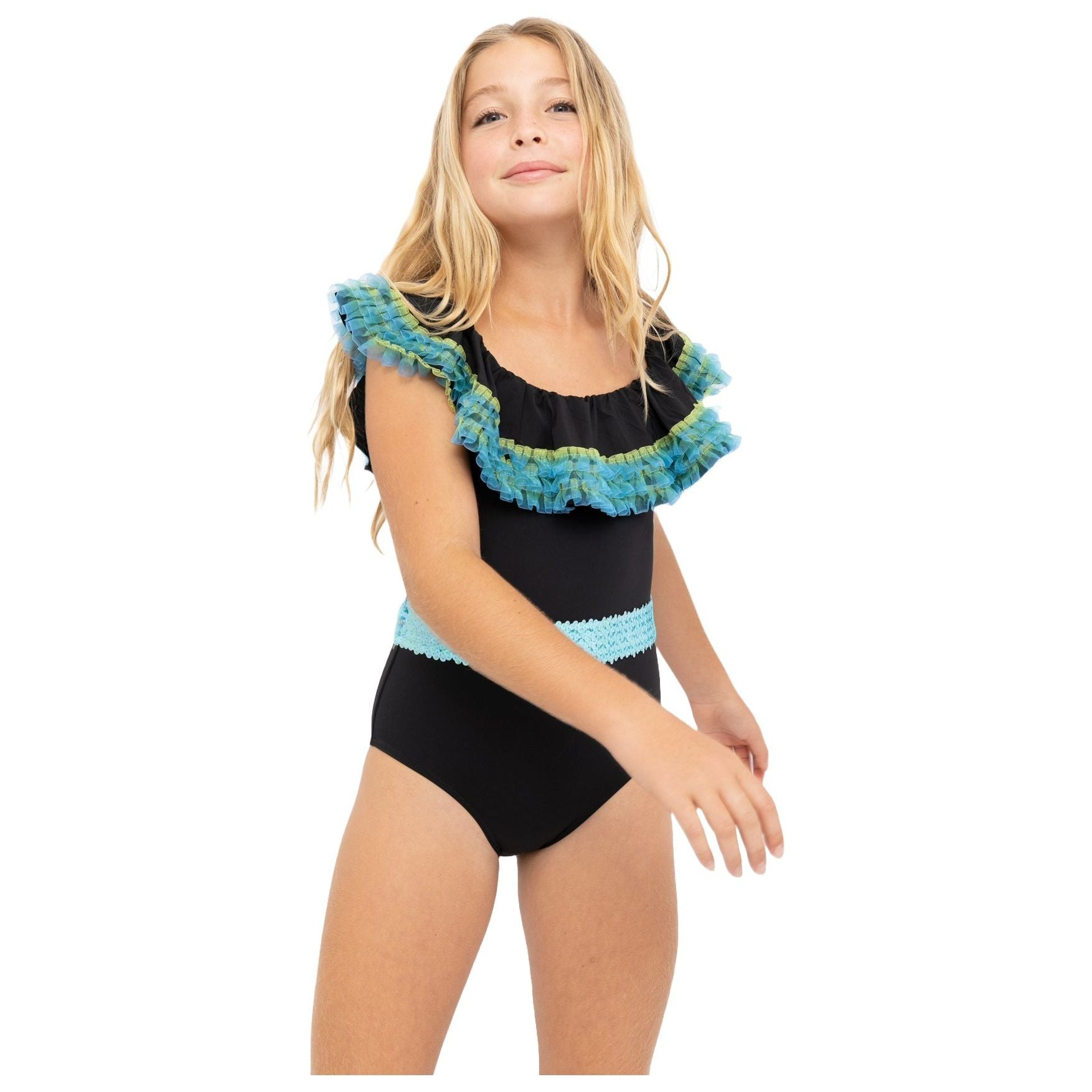 Black Swimsuit with Anemone Fringe & Aqua Sequin Belt