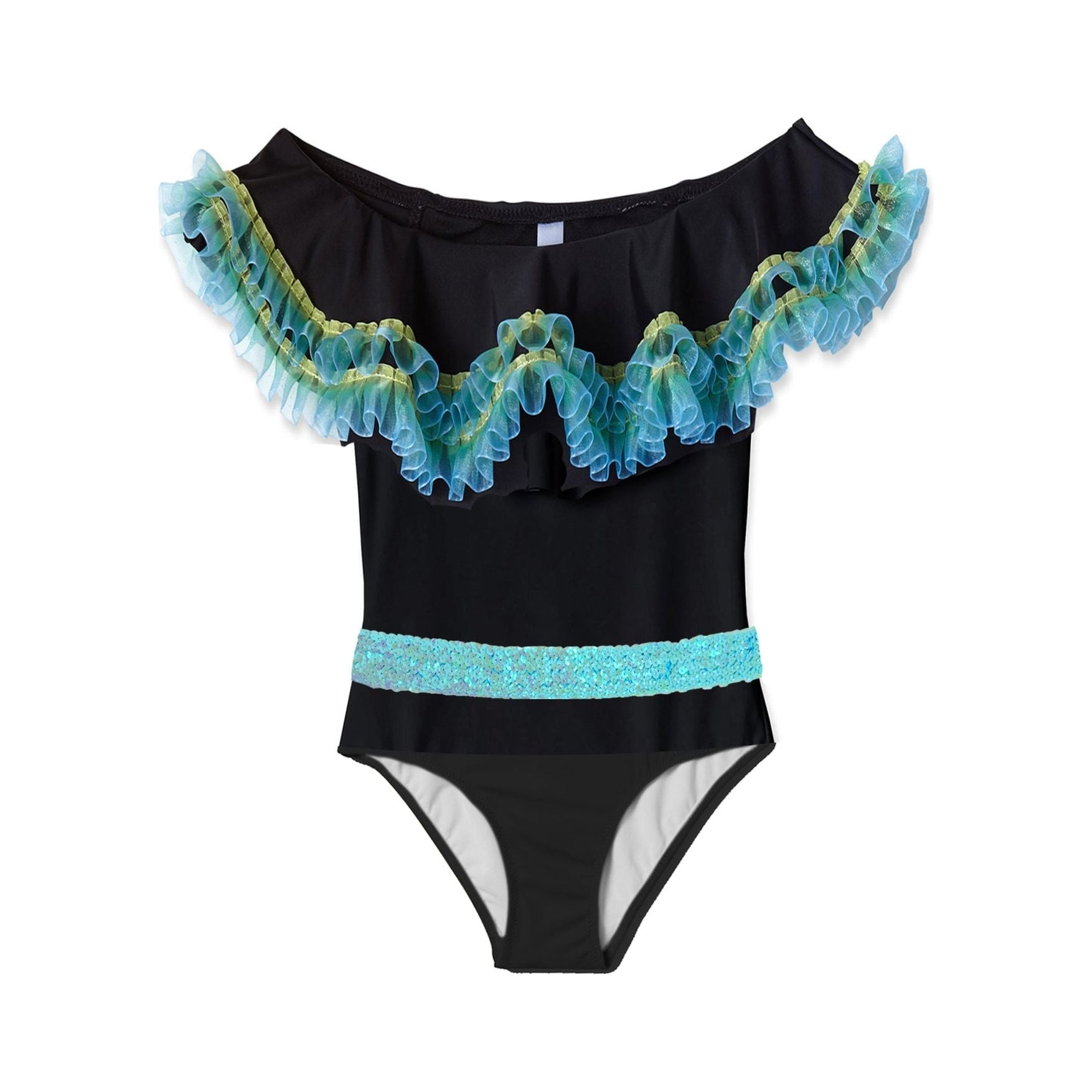 Black Swimsuit with Anemone Fringe & Aqua Sequin Belt