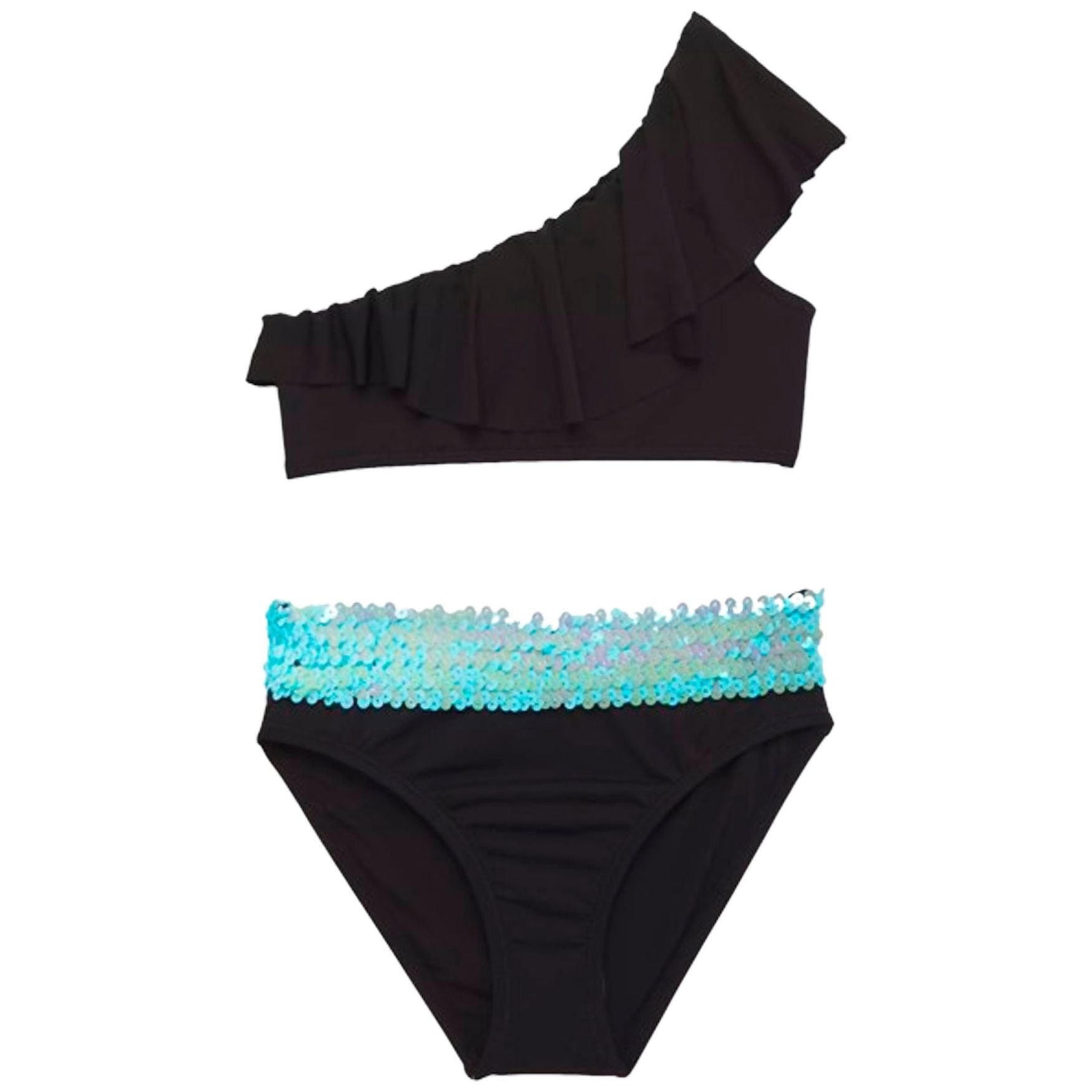 Black One Shoulder Bikini with Aqua Sequin Belt