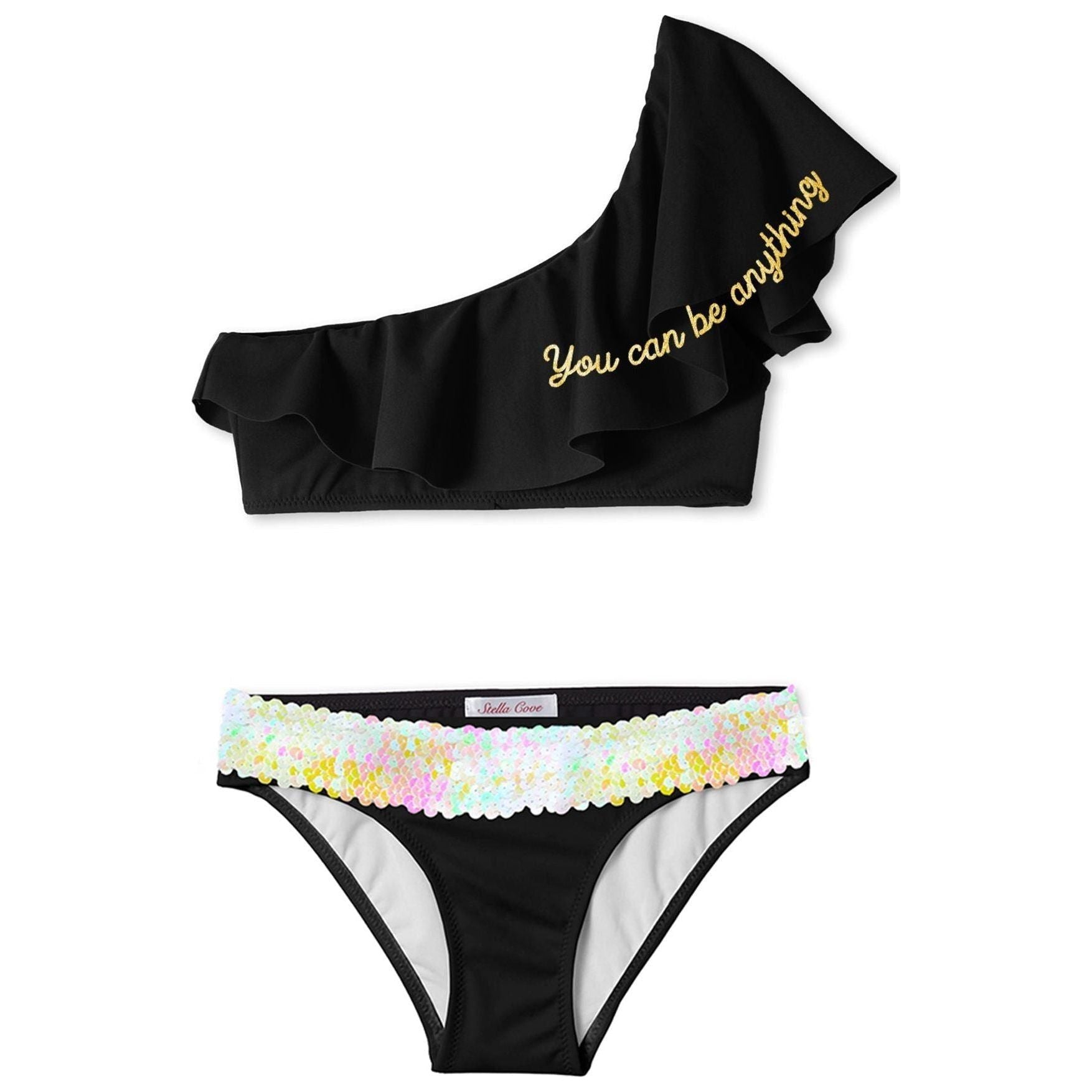 "You Can Be Anything" Black One Shoulder Bikini with Sequin Belt