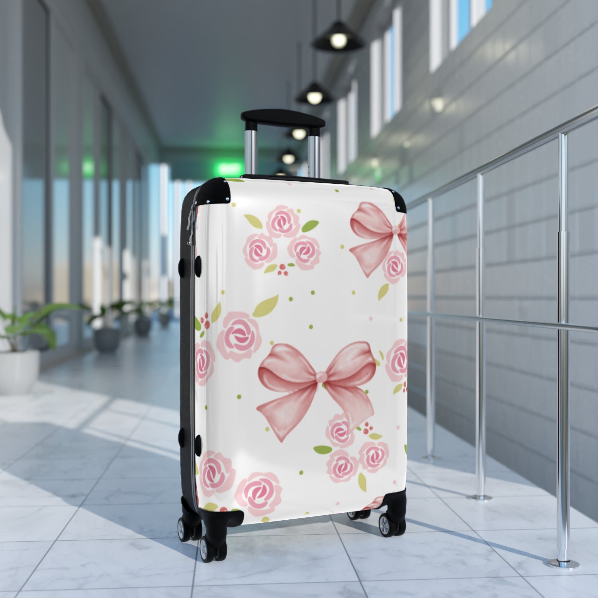 Floral Pink Bow Suitcase — Rose Pattern Carry-On Luggage