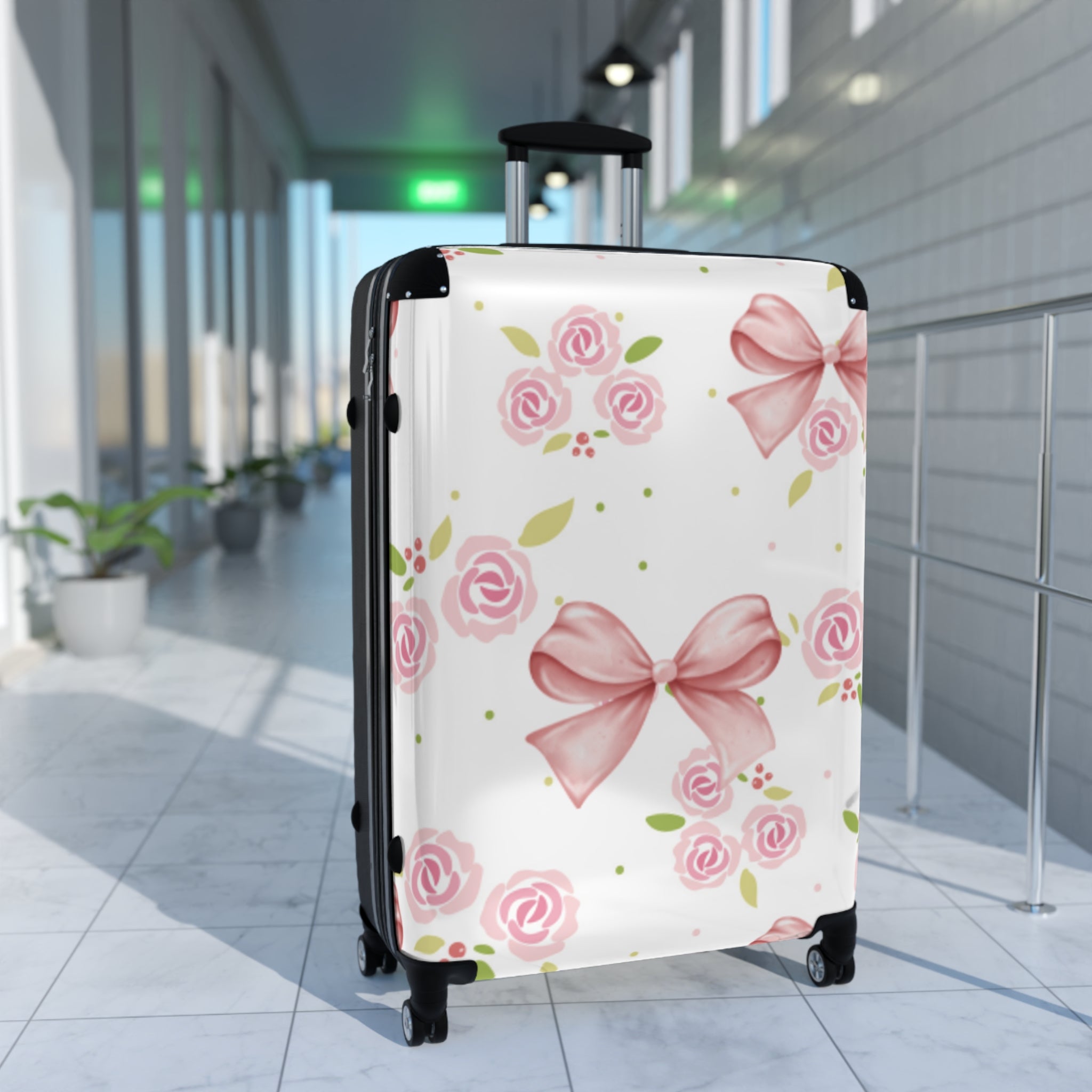 Floral Pink Bow Suitcase — Rose Pattern Carry-On Luggage