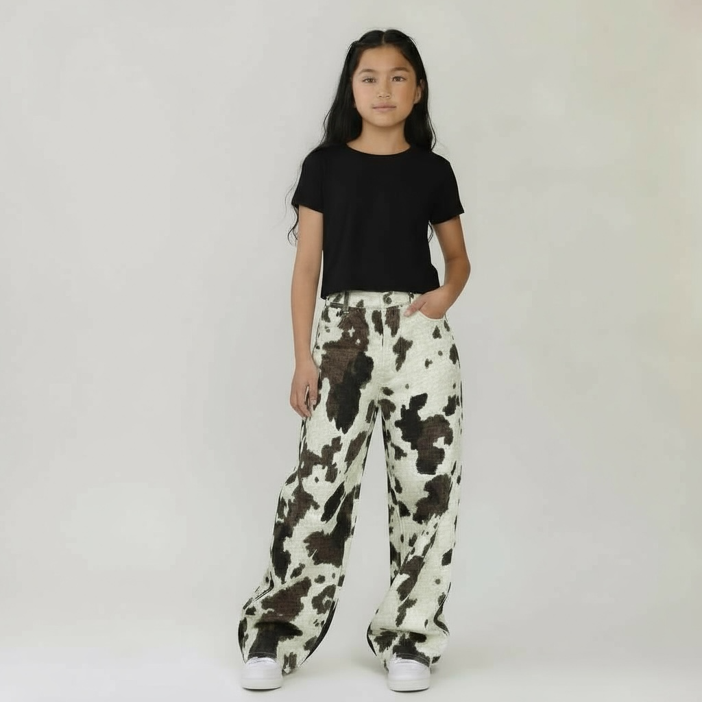 Girls High-Waisted Cow Print Wide Leg Jeans