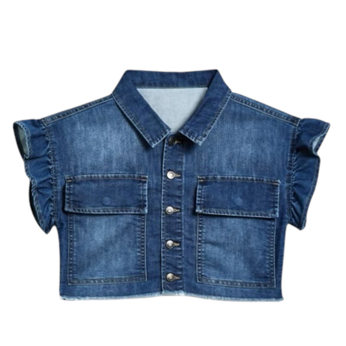 Girls Cropped Ruffle-Sleeve Denim Shirt