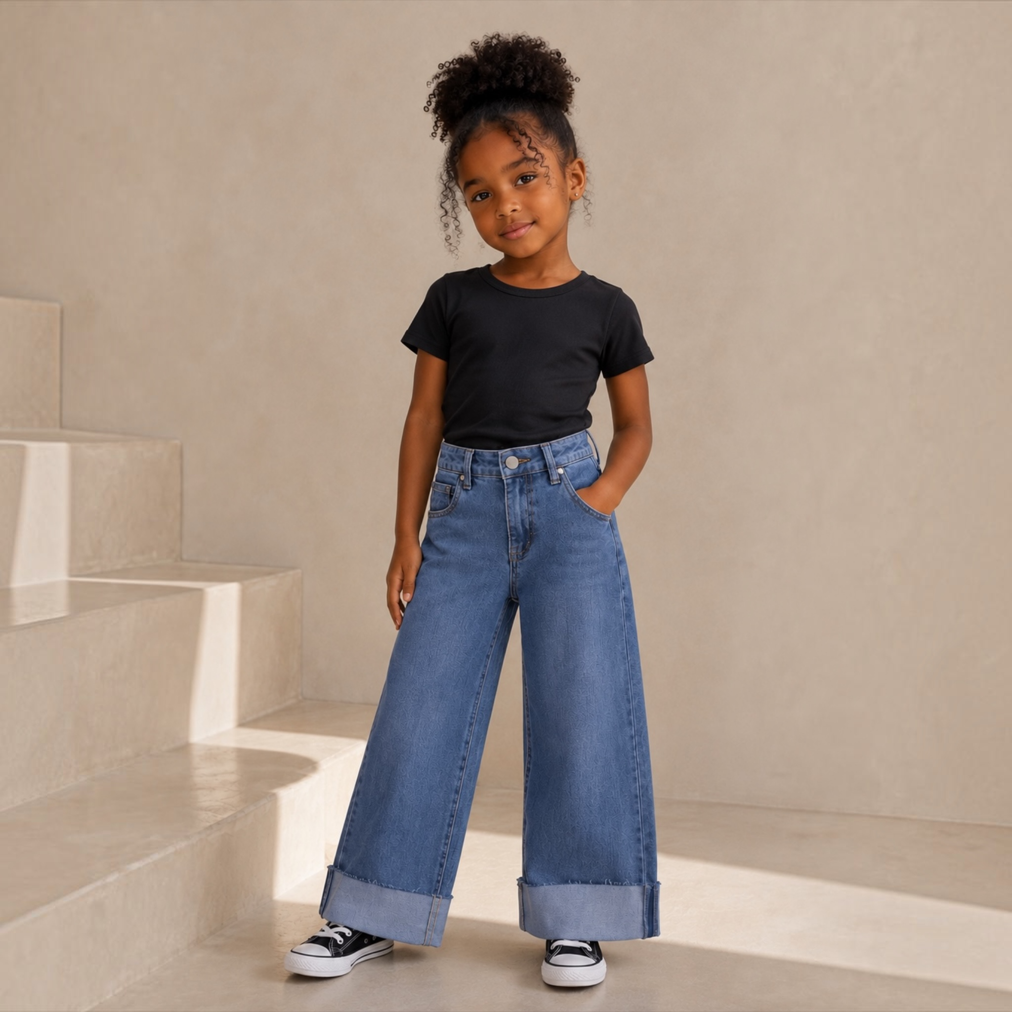 Girls Wide-Leg Cuff Jeans | Blue Denim