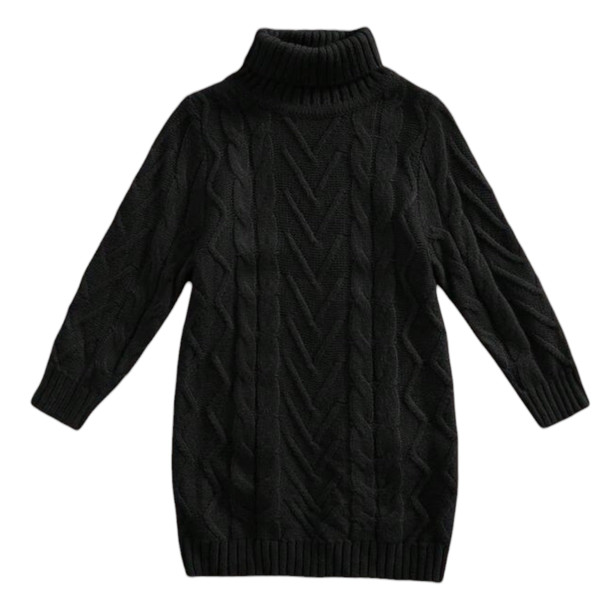 Black Cable Knit Turtleneck Sweater Dress for Girls