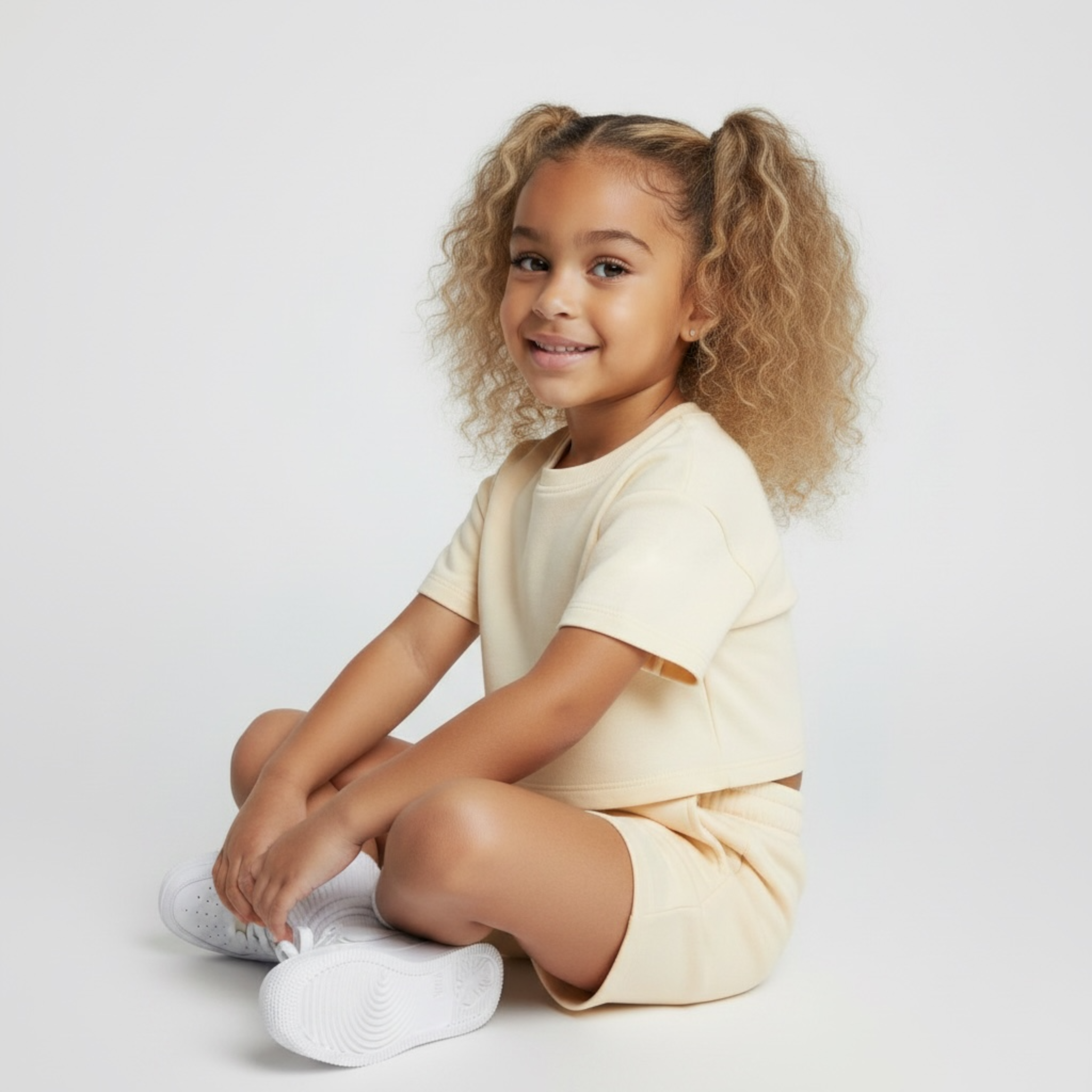 A young girl with curly blonde hair sitting cross-legged on a light gray studio background, wearing a butter yellow short-sleeve t-shirt cropped tee and matching shorts with white sneakers.